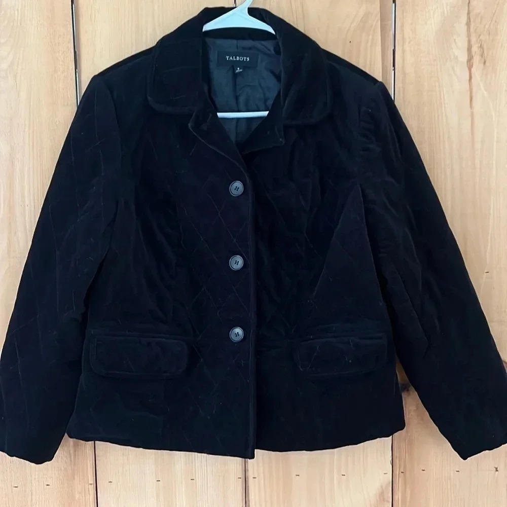 TALBOTS WOMEN'S BLACK VELOUR QUILTED BUTTON DOWN JACKET SZ 8 - Picture 1 of 7
